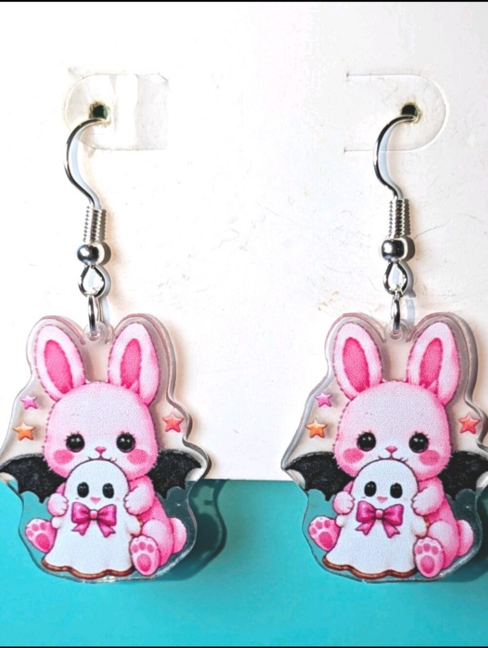 Hand Crafted Pink Bunny with Ghost Dangle Earrings